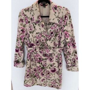 Floral Print Belted Midi Trench Coat Size 10 Multicolor Romantic Victorian